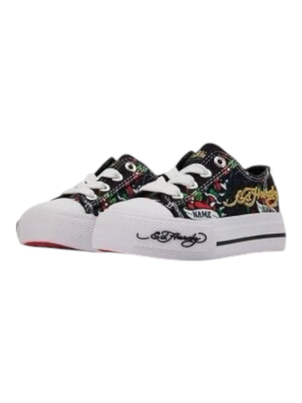 Ed Hardy Black Canvas Kids Sneakers with Multicolor Tattoo Print